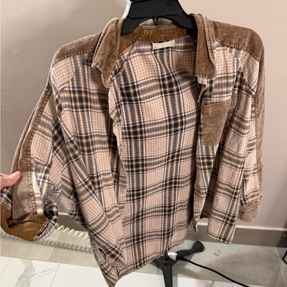 Altar’d State Plaid Button-Up Shirt with Suede Accents